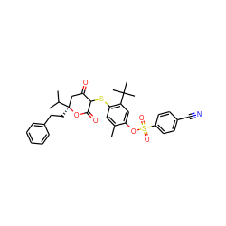 Cc1cc(SC2C(=O)C[C@](CCc3ccccc3)(C(C)C)OC2=O)c(C(C)(C)C)cc1OS(=O)(=O)c1ccc(C#N)cc1 ZINC000101342205