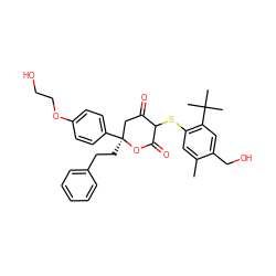 Cc1cc(SC2C(=O)C[C@](CCc3ccccc3)(c3ccc(OCCO)cc3)OC2=O)c(C(C)(C)C)cc1CO ZINC000027201177