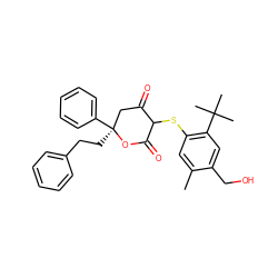 Cc1cc(SC2C(=O)C[C@](CCc3ccccc3)(c3ccccc3)OC2=O)c(C(C)(C)C)cc1CO ZINC000027197148