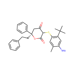 Cc1cc(SC2C(=O)C[C@](CCc3ccccc3)(c3ccccc3)OC2=O)c(C(C)(C)C)cc1N ZINC000029254140