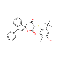 Cc1cc(SC2C(=O)C[C@](CCc3ccccc3)(c3ccccc3)OC2=O)c(C(C)(C)C)cc1O ZINC000027206690