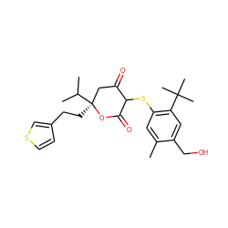 Cc1cc(SC2C(=O)C[C@](CCc3ccsc3)(C(C)C)OC2=O)c(C(C)(C)C)cc1CO ZINC000100889052