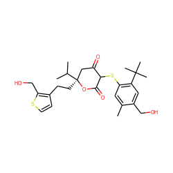 Cc1cc(SC2C(=O)C[C@](CCc3ccsc3CO)(C(C)C)OC2=O)c(C(C)(C)C)cc1CO ZINC000026388272