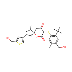 Cc1cc(SC2C(=O)C[C@](CCc3csc(CO)c3)(C(C)C)OC2=O)c(C(C)(C)C)cc1CO ZINC000026395418