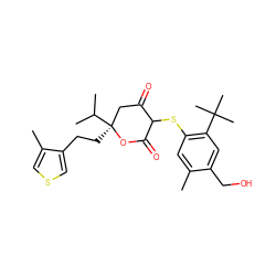 Cc1cc(SC2C(=O)C[C@](CCc3cscc3C)(C(C)C)OC2=O)c(C(C)(C)C)cc1CO ZINC000100889069