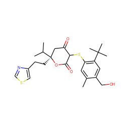 Cc1cc(SC2C(=O)C[C@](CCc3cscn3)(C(C)C)OC2=O)c(C(C)(C)C)cc1CO ZINC000038146819