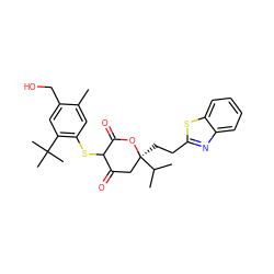 Cc1cc(SC2C(=O)C[C@](CCc3nc4ccccc4s3)(C(C)C)OC2=O)c(C(C)(C)C)cc1CO ZINC000026394026