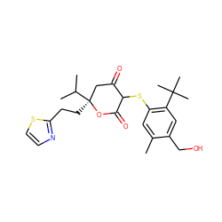 Cc1cc(SC2C(=O)C[C@](CCc3nccs3)(C(C)C)OC2=O)c(C(C)(C)C)cc1CO ZINC000026383175