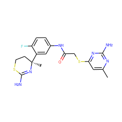 Cc1cc(SCC(=O)Nc2ccc(F)c([C@]3(C)CCSC(N)=N3)c2)nc(N)n1 ZINC000146108151