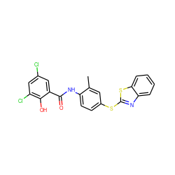 Cc1cc(Sc2nc3ccccc3s2)ccc1NC(=O)c1cc(Cl)cc(Cl)c1O ZINC000026571417