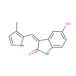 Cc1cc[nH]c1/C=C1\C(=O)Nc2ccc(O)cc21 ZINC000014962800