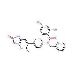 Cc1cc2[nH]c(=O)[nH]c2cc1-c1ccc(N(Cc2ccccc2)C(=O)c2ccc(O)cc2O)cc1 ZINC000653676826