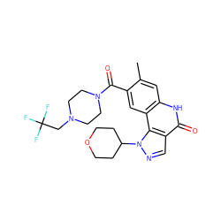 Cc1cc2[nH]c(=O)c3cnn(C4CCOCC4)c3c2cc1C(=O)N1CCN(CC(F)(F)F)CC1 ZINC000261161074