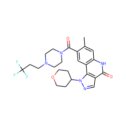 Cc1cc2[nH]c(=O)c3cnn(C4CCOCC4)c3c2cc1C(=O)N1CCN(CCC(F)(F)F)CC1 ZINC000261126927