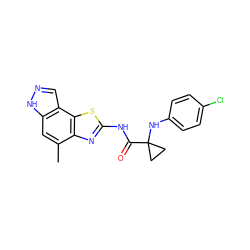 Cc1cc2[nH]ncc2c2sc(NC(=O)C3(Nc4ccc(Cl)cc4)CC3)nc12 ZINC000115719467