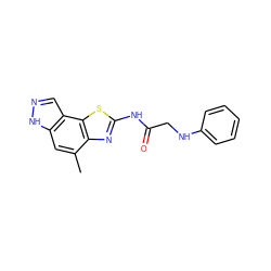 Cc1cc2[nH]ncc2c2sc(NC(=O)CNc3ccccc3)nc12 ZINC000142280701