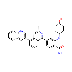 Cc1cc2c(-c3cnc4ccccc4c3)cccc2c(-c2ccc(C(N)=O)c(NC3CCC(O)CC3)c2)n1 ZINC000145566617