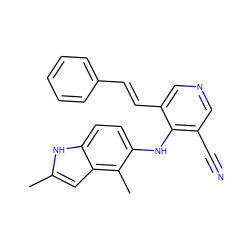 Cc1cc2c(C)c(Nc3c(C#N)cncc3/C=C/c3ccccc3)ccc2[nH]1 ZINC000045322223