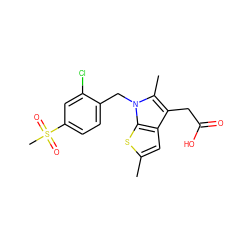 Cc1cc2c(CC(=O)O)c(C)n(Cc3ccc(S(C)(=O)=O)cc3Cl)c2s1 ZINC000066078266