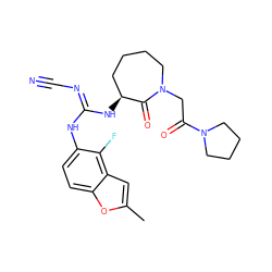 Cc1cc2c(F)c(N/C(=N\C#N)N[C@H]3CCCCN(CC(=O)N4CCCC4)C3=O)ccc2o1 ZINC000043014685