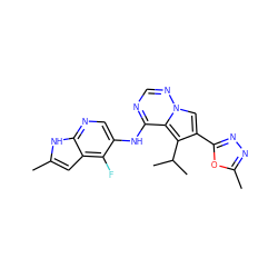 Cc1cc2c(F)c(Nc3ncnn4cc(-c5nnc(C)o5)c(C(C)C)c34)cnc2[nH]1 ZINC000029047425