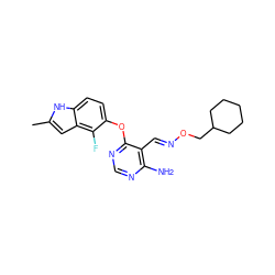 Cc1cc2c(F)c(Oc3ncnc(N)c3/C=N/OCC3CCCCC3)ccc2[nH]1 ZINC000014949808