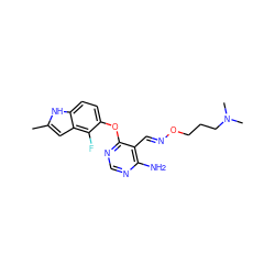 Cc1cc2c(F)c(Oc3ncnc(N)c3/C=N/OCCCN(C)C)ccc2[nH]1 ZINC000014949822