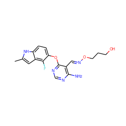 Cc1cc2c(F)c(Oc3ncnc(N)c3/C=N/OCCCO)ccc2[nH]1 ZINC000014949837