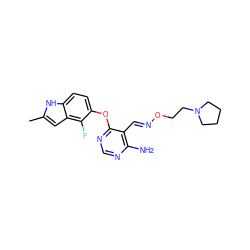 Cc1cc2c(F)c(Oc3ncnc(N)c3/C=N/OCCN3CCCC3)ccc2[nH]1 ZINC000014949817