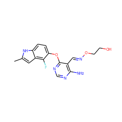 Cc1cc2c(F)c(Oc3ncnc(N)c3/C=N/OCCO)ccc2[nH]1 ZINC000014949834