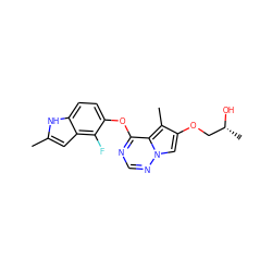 Cc1cc2c(F)c(Oc3ncnn4cc(OC[C@@H](C)O)c(C)c34)ccc2[nH]1 ZINC000013684256