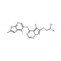 Cc1cc2c(F)c(Oc3ncnn4cc(OC[C@@H](C)O)c(C)c34)cnc2[nH]1 ZINC000029046188