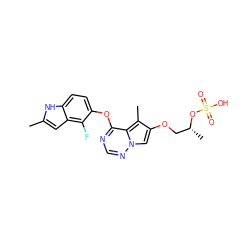 Cc1cc2c(F)c(Oc3ncnn4cc(OC[C@@H](C)OS(=O)(=O)O)c(C)c34)ccc2[nH]1 ZINC000199244456