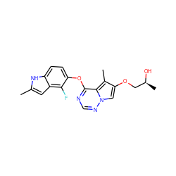 Cc1cc2c(F)c(Oc3ncnn4cc(OC[C@H](C)O)c(C)c34)ccc2[nH]1 ZINC000003937940