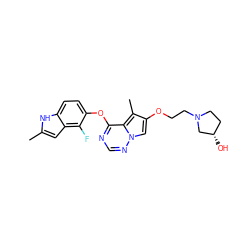 Cc1cc2c(F)c(Oc3ncnn4cc(OCCN5CC[C@H](O)C5)c(C)c34)ccc2[nH]1 ZINC000013684252