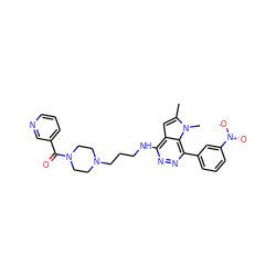 Cc1cc2c(NCCCN3CCN(C(=O)c4cccnc4)CC3)nnc(-c3cccc([N+](=O)[O-])c3)c2n1C ZINC000049087627