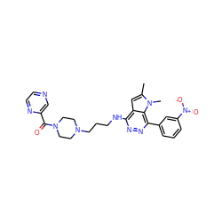 Cc1cc2c(NCCCN3CCN(C(=O)c4cnccn4)CC3)nnc(-c3cccc([N+](=O)[O-])c3)c2n1C ZINC000049072367