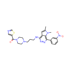 Cc1cc2c(NCCCN3CCN(C(=O)c4cncs4)CC3)nnc(-c3cccc([N+](=O)[O-])c3)c2n1C ZINC000049067906