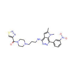 Cc1cc2c(NCCCN3CCN(C(=O)c4csnn4)CC3)nnc(-c3cccc([N+](=O)[O-])c3)c2n1C ZINC000049067904