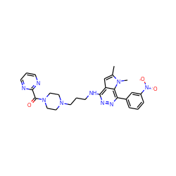 Cc1cc2c(NCCCN3CCN(C(=O)c4ncccn4)CC3)nnc(-c3cccc([N+](=O)[O-])c3)c2n1C ZINC000049114459