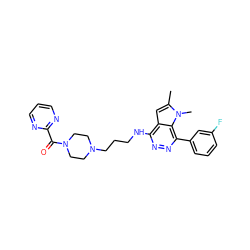 Cc1cc2c(NCCCN3CCN(C(=O)c4ncccn4)CC3)nnc(-c3cccc(F)c3)c2n1C ZINC000049072621