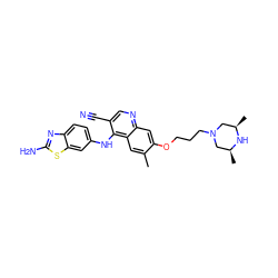 Cc1cc2c(Nc3ccc4nc(N)sc4c3)c(C#N)cnc2cc1OCCCN1C[C@H](C)N[C@H](C)C1 ZINC000040394821