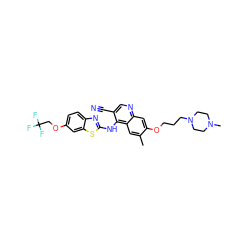 Cc1cc2c(Nc3nc4ccc(OCC(F)(F)F)cc4s3)c(C#N)cnc2cc1OCCCN1CCN(C)CC1 ZINC000042806693