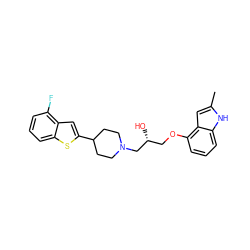 Cc1cc2c(OC[C@@H](O)CN3CCC(c4cc5c(F)cccc5s4)CC3)cccc2[nH]1 ZINC000013490099