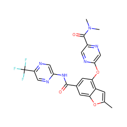 Cc1cc2c(Oc3cnc(C(=O)N(C)C)cn3)cc(C(=O)Nc3cnc(C(F)(F)F)cn3)cc2o1 ZINC000169329225