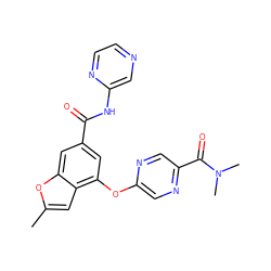 Cc1cc2c(Oc3cnc(C(=O)N(C)C)cn3)cc(C(=O)Nc3cnccn3)cc2o1 ZINC000169329222