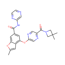 Cc1cc2c(Oc3cnc(C(=O)N4CC(C)(C)C4)cn3)cc(C(=O)Nc3cnccn3)cc2o1 ZINC000169329213