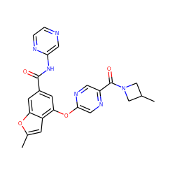 Cc1cc2c(Oc3cnc(C(=O)N4CC(C)C4)cn3)cc(C(=O)Nc3cnccn3)cc2o1 ZINC000169329210