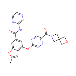 Cc1cc2c(Oc3cnc(C(=O)N4CC5(COC5)C4)cn3)cc(C(=O)Nc3cnccn3)cc2o1 ZINC000169329219