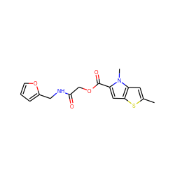 Cc1cc2c(cc(C(=O)OCC(=O)NCc3ccco3)n2C)s1 ZINC000004967153